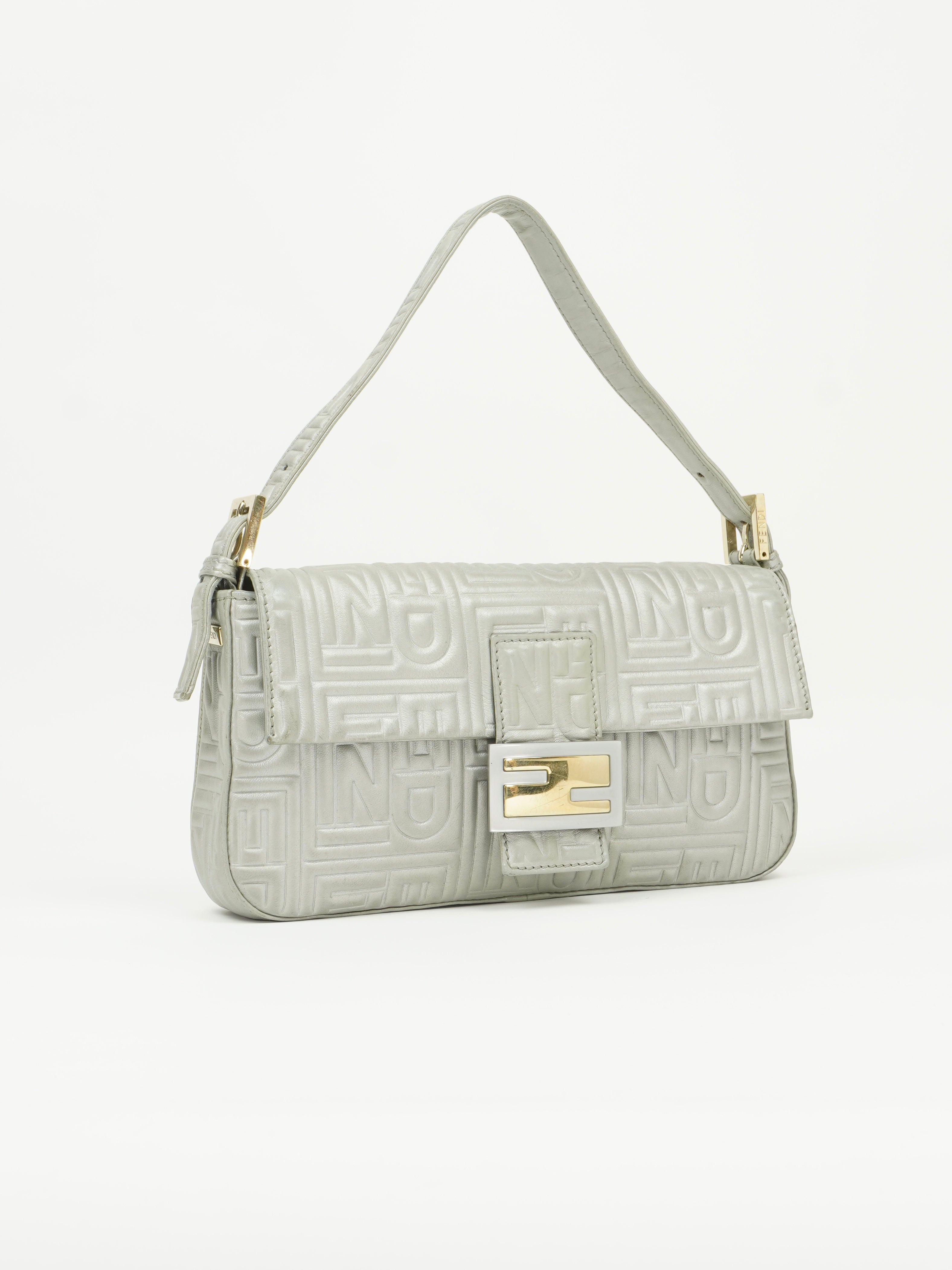 FENDI SILVER LEATHER LOGO BAGUETTE