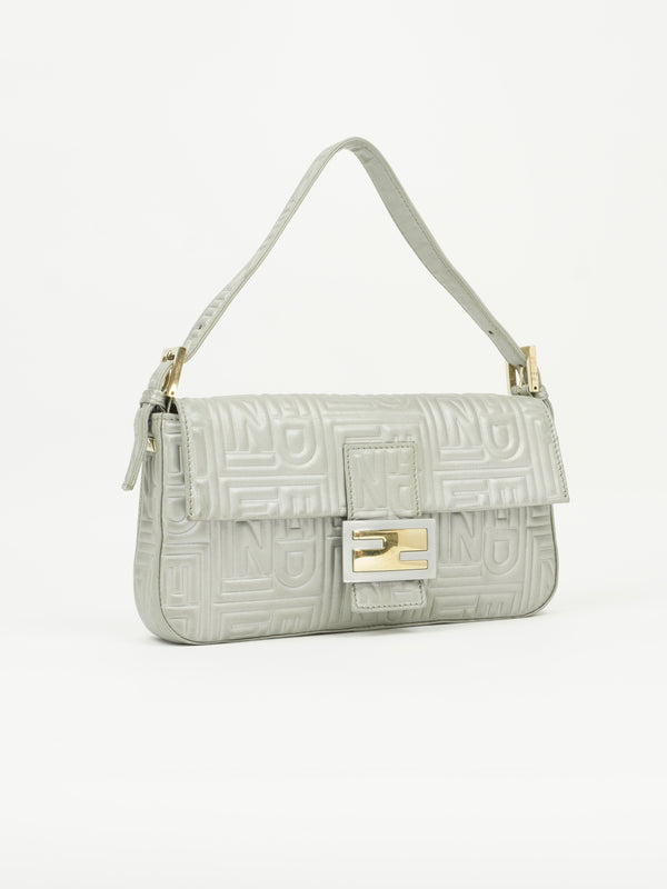 FENDI SILVER LEATHER LOGO BAGUETTE