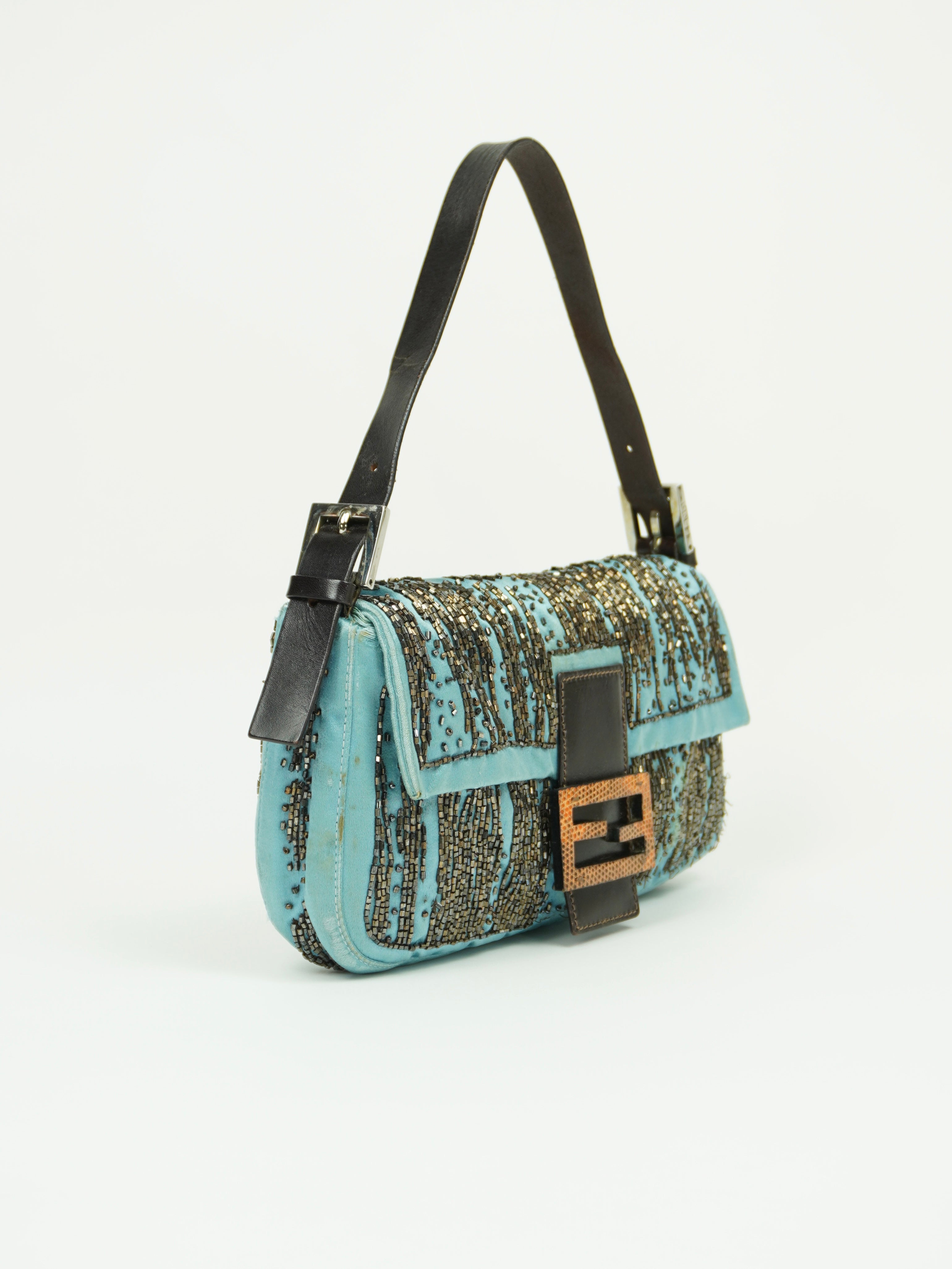 FENDI SILK BEADED BAGUETTE WITH LIZARD TRIM