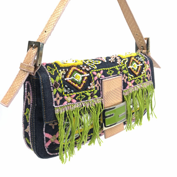 Fendi Beaded Denim Baguette with Snakeskin Detailing