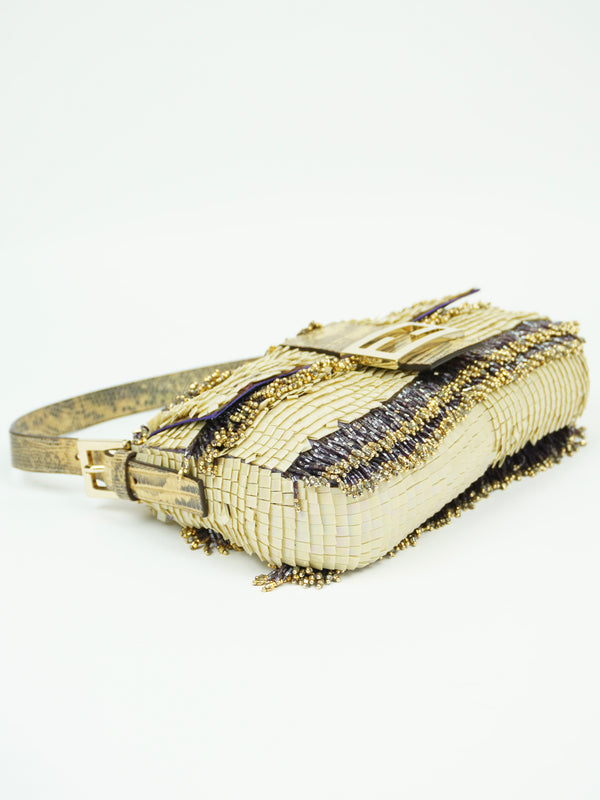 FENDI MOTHER OF PEARL BEADED BAGUETTE WITH LIZARD TRIM