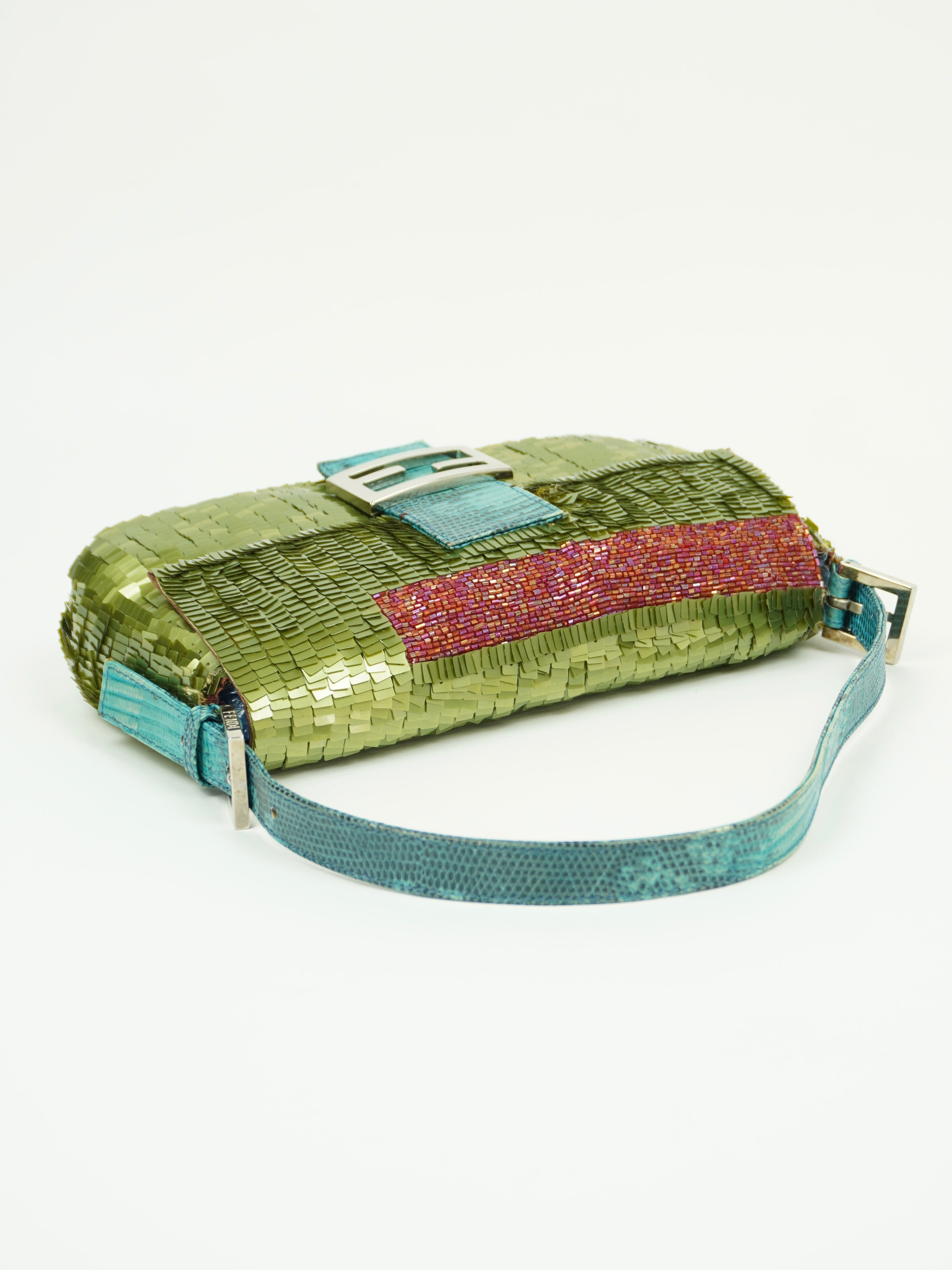 FENDI GREEN SEQUIN BAGUETTE WITH LIZARD TRIM