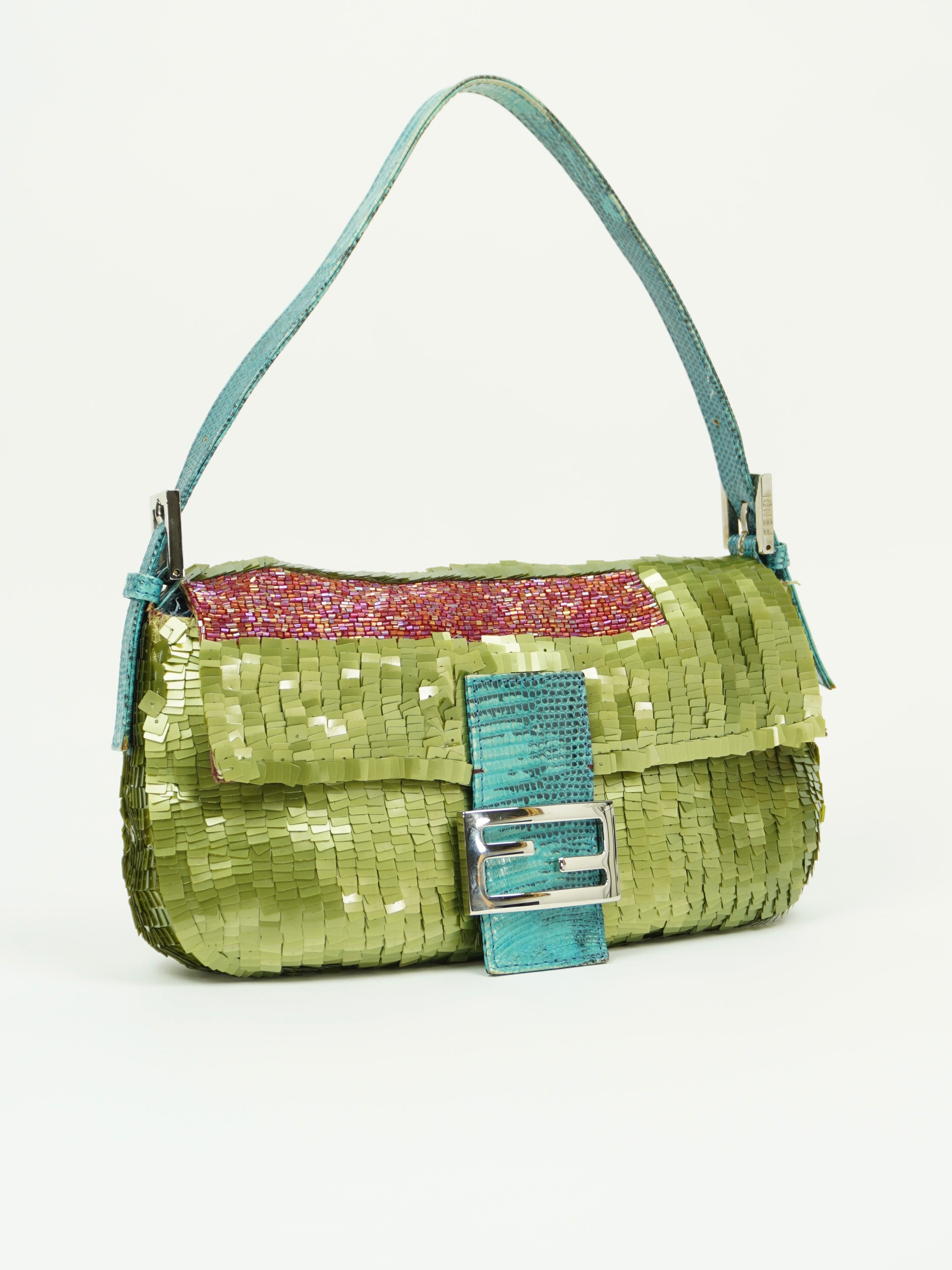 FENDI GREEN SEQUIN BAGUETTE WITH LIZARD TRIM