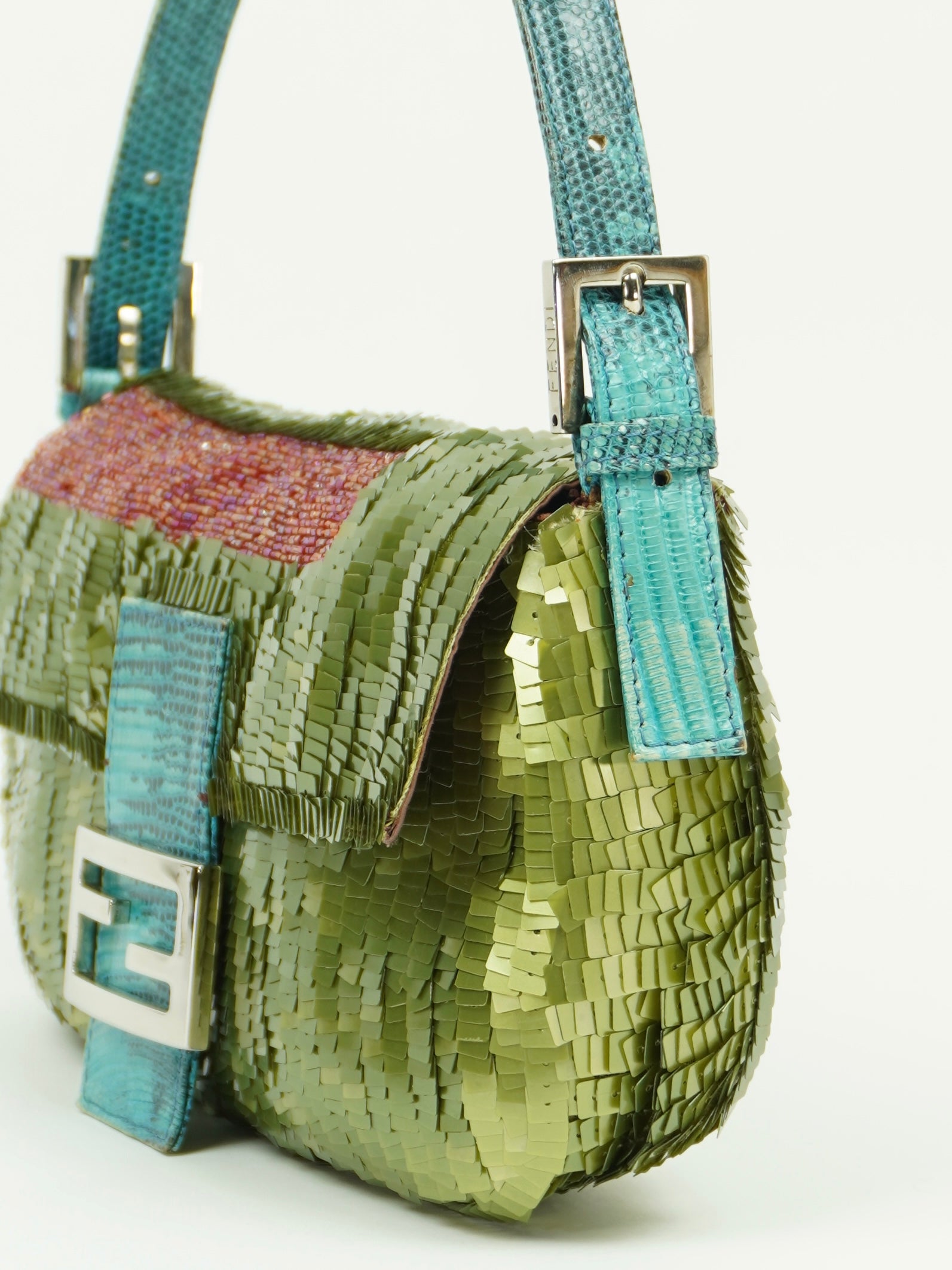 FENDI GREEN SEQUIN BAGUETTE WITH LIZARD TRIM