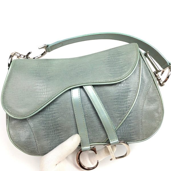 Christian Dior Exotic Soft Lizard Leather Double Saddle Bag in Duck Egg Blue