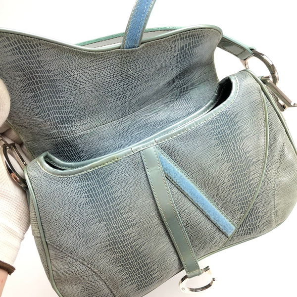 Christian Dior Exotic Soft Lizard Leather Double Saddle Bag in Duck Egg Blue