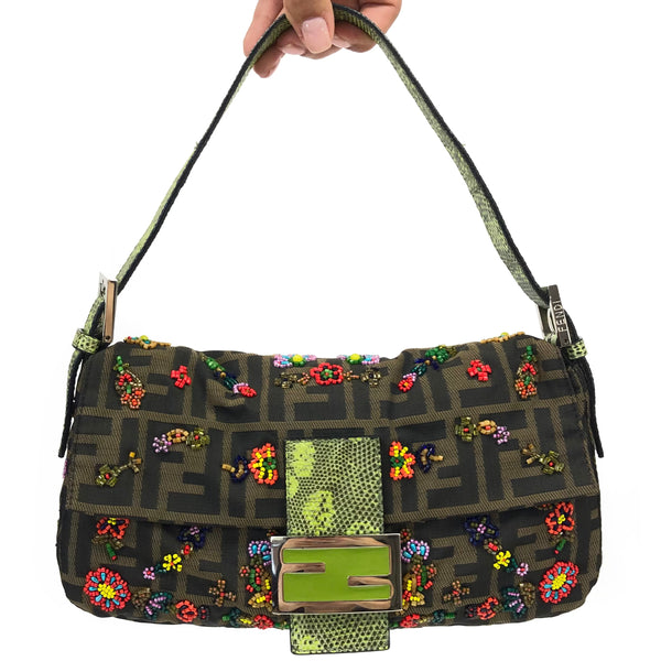 Fendi Zucca Floral Beaded Baguette Bag with Exotic Lizard Detailing